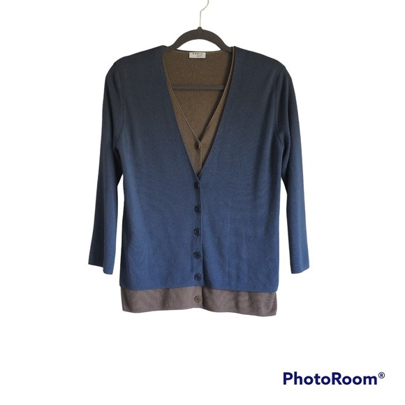 Akris Punto Silk Cashmere Double Layered Cardigan Color Block Blue-Brown - Picture 5 of 12